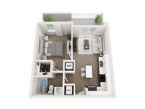 Floor plan for 1 bed, 1 bath, 563 sqft